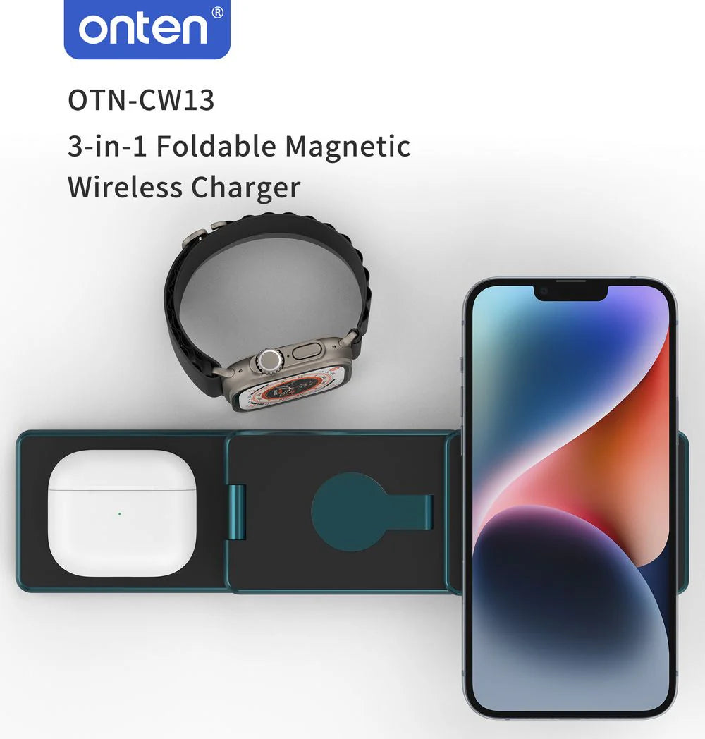 Onten OTN-CW13 3-in-1 Foldable Magnetic Wireless Charger – 15W Fast Charging Stand for Phone, Watch & Earbuds