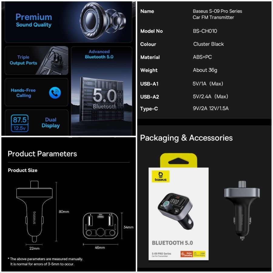 Baseus S-09 Pro Car FM Transmitter – Bluetooth 5.3, 18W PD Fast Charging, Hands-Free Calling & HiFi Audio