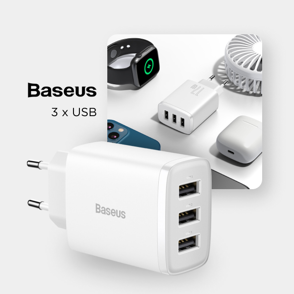 Baseus 17W Compact 3-Port USB Wall Charger – Fast Charging Adapter for iPhone & Android