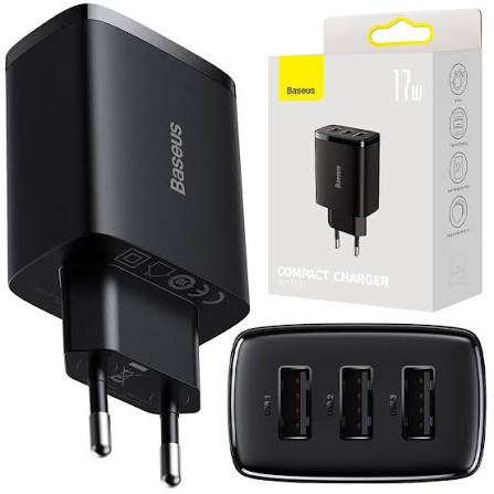 Baseus 17W Compact 3-Port USB Wall Charger – Fast Charging Adapter for iPhone & Android
