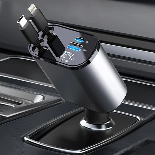 Rocketek car charger USB-C and Lightning retractable cables
