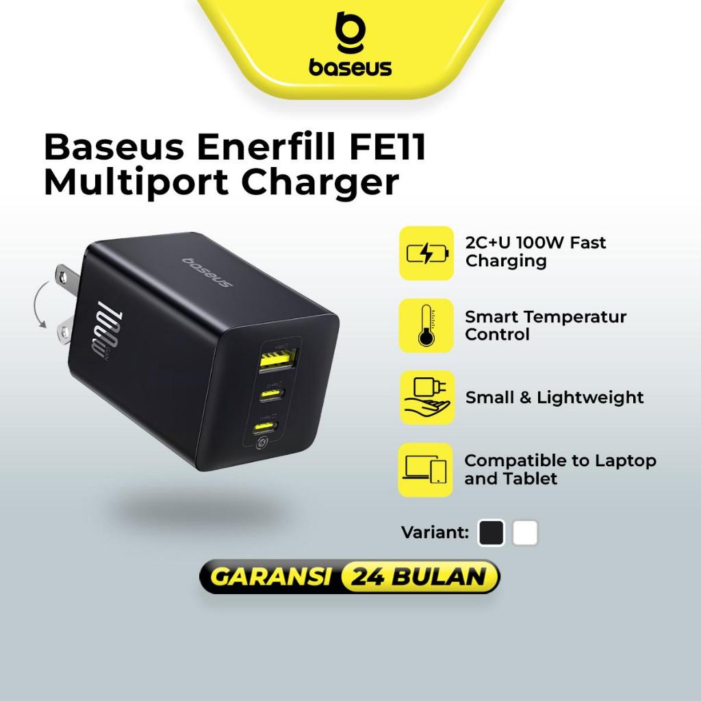 Baseus EnerFill FE11 100W GaN Fast Charger – 2 USB-C + 1 USB-A Multi-Port Wall Adapter