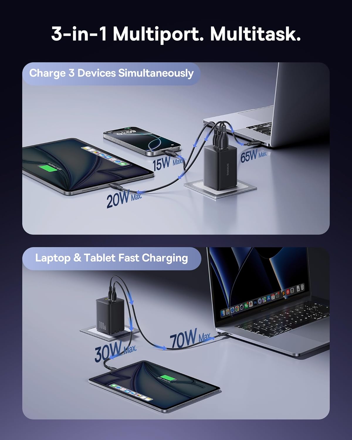 Baseus EnerFill FE11 100W GaN Fast Charger – 2 USB-C + 1 USB-A Multi-Port Wall Adapter