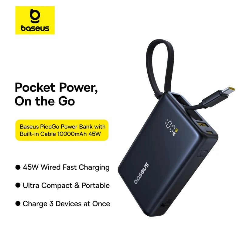 Baseus PicoGo 10000mAh 45W Power Bank with Built-in USB-C Cable & Digital Display