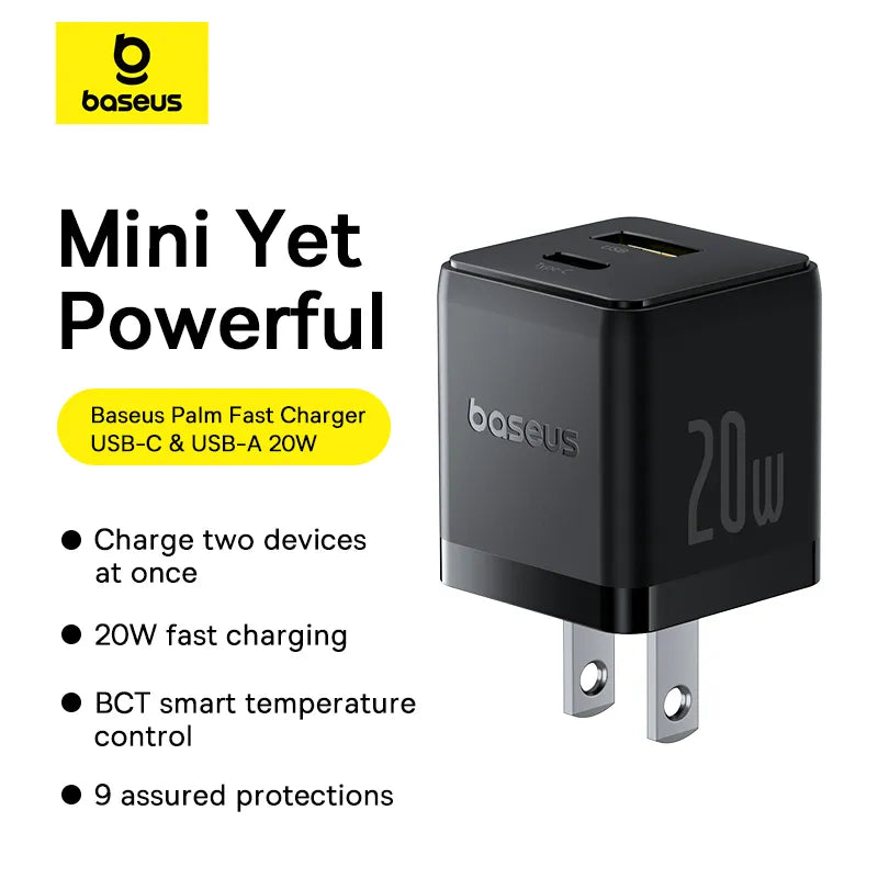 Baseus Palm 20W Fast Charger C+U – PD & QC Wall Adapter for iPhone & Android (Cluster Black)