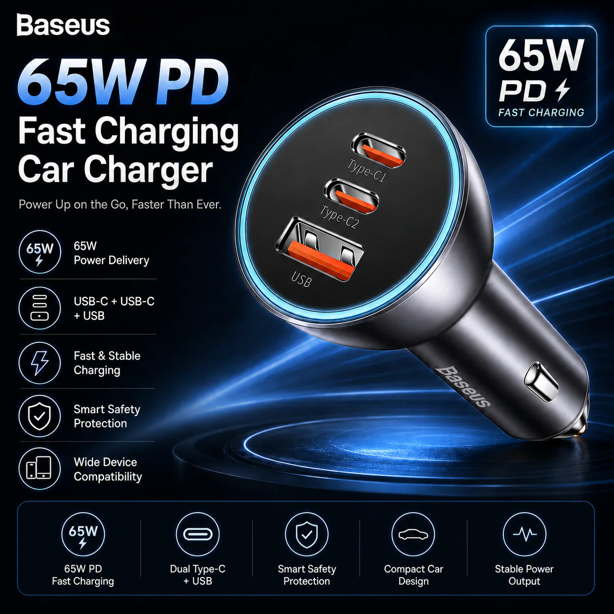 Baseus 65W car charger charging three devices