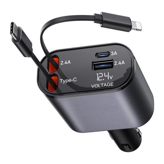 Rocketek 4-in-1 retractable car charger with digital display
