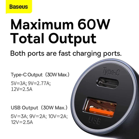 Baseus 60W car charger aluminum body close-up