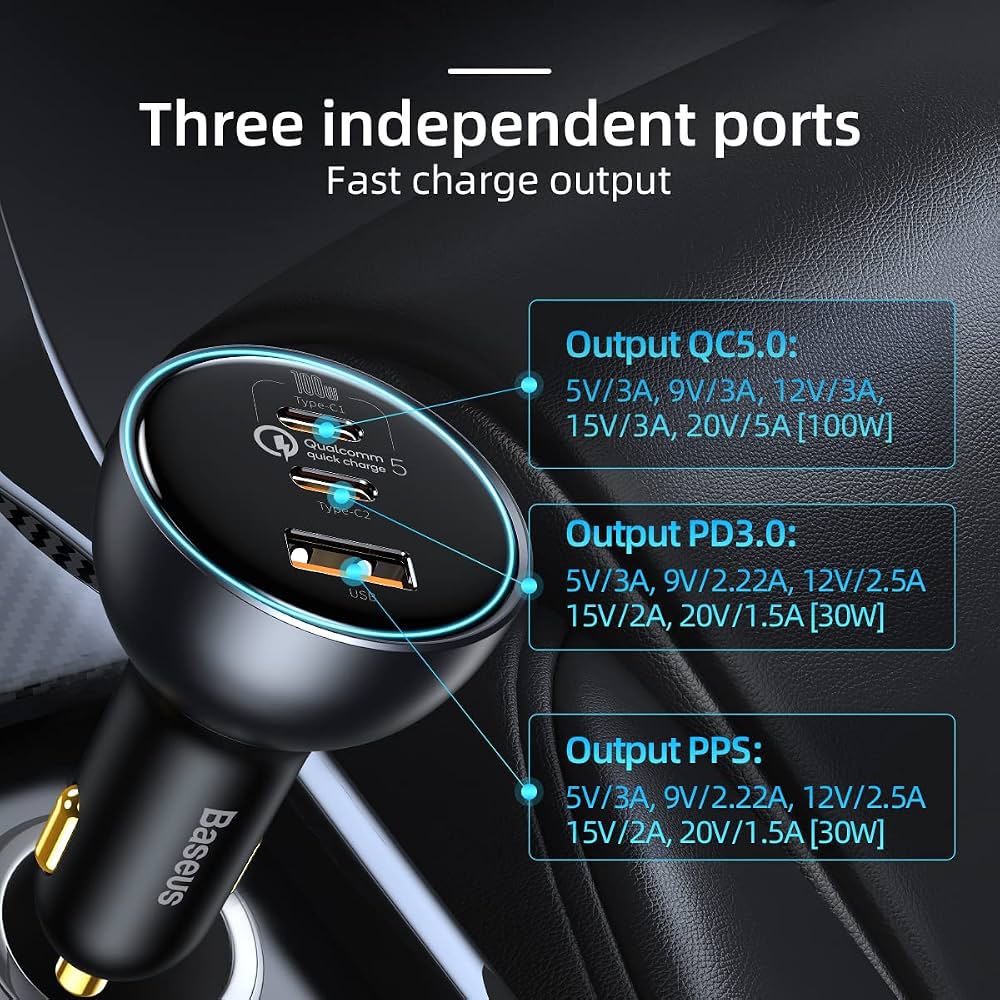 Baseus 160W Car Charger – Quick Charge 5.0, Dual USB-C + USB-A, Laptop Fast Charging Adapter