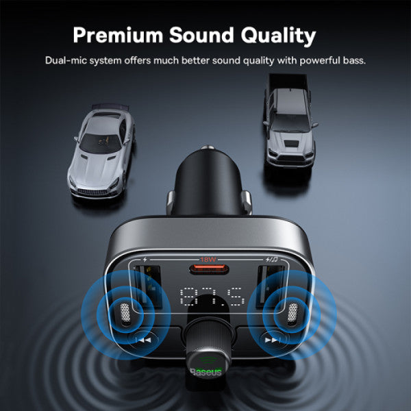Baseus S-09 Pro dual display showing FM frequency and voltage