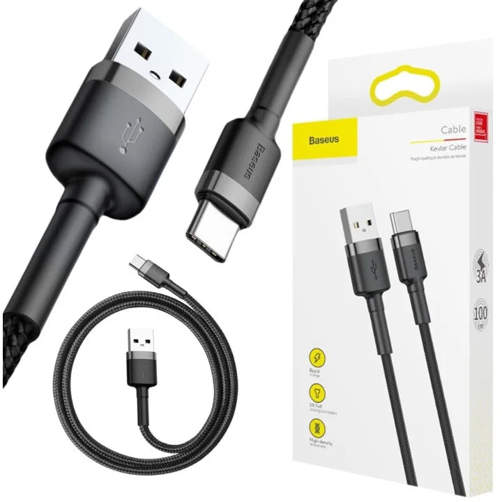 Baseus Cafule 3M USB to Type-C Fast Charging Cable – Durable Nylon Braided Data Cable