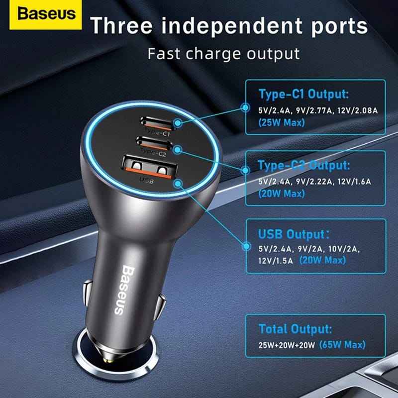 Baseus Contactor Pro 65W Car Charger – Triple Port (2x USB-C + USB-A) Fast Charging Adapter
