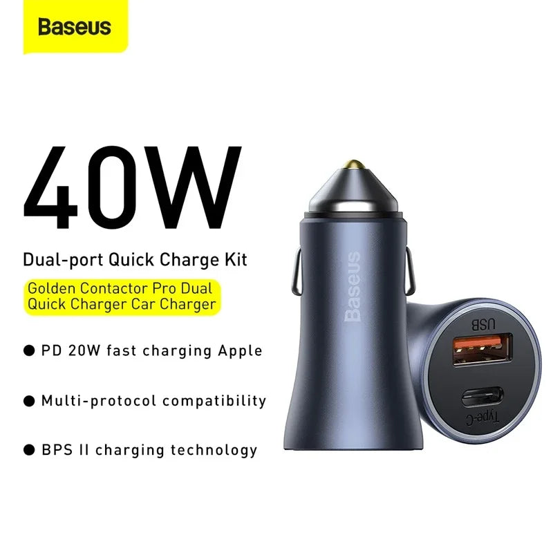 Baseus 40W Dual-Port Car Charger (USB-C PD + USB-A QC)
