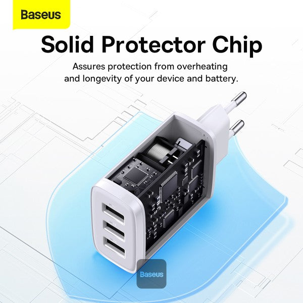 Baseus 17W Compact 3-Port USB Wall Charger – Fast Charging Adapter for iPhone & Android
