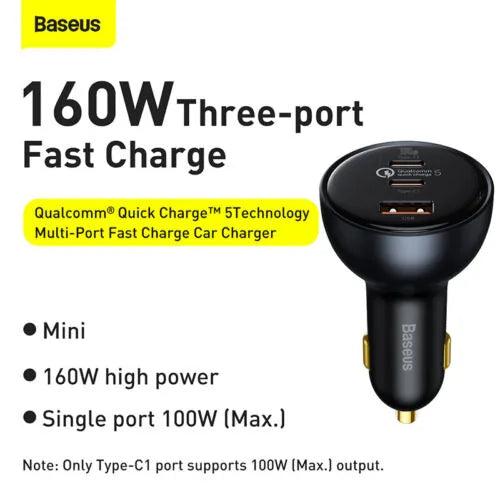 Baseus 160W Car Charger – Quick Charge 5.0, Dual USB-C + USB-A, Laptop Fast Charging Adapter