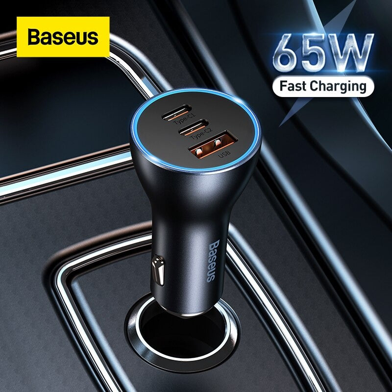 Baseus Contactor Pro 65W Car Charger – Triple Port (2x USB-C + USB-A) Fast Charging Adapter