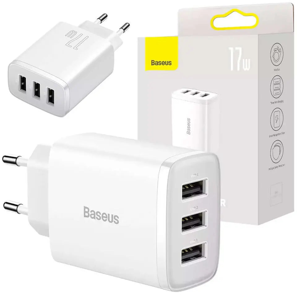 Baseus 17W Compact 3-Port USB Wall Charger – Fast Charging Adapter for iPhone & Android
